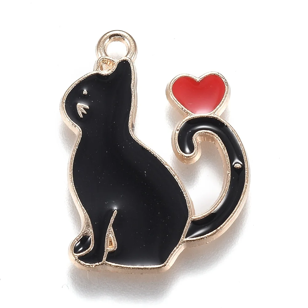 5Pcs Cat with Heart Enamel Pendant Cute Cartoon Kitten Animal Hang Ornament For DIY Necklace Bracelet Jewelry Making 25x20x1.5mm