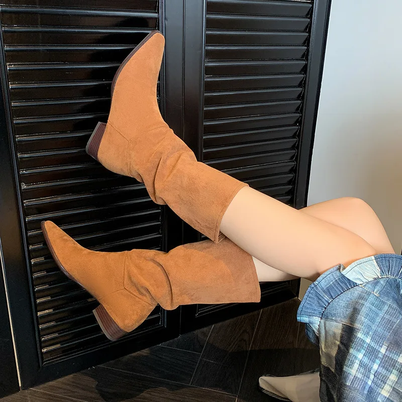 

Dropshipping Leather Vintage Folded Sleeve Western Boots Thick Heel Square Head Suede Medium Boots Casual Stretch Boots 34&43