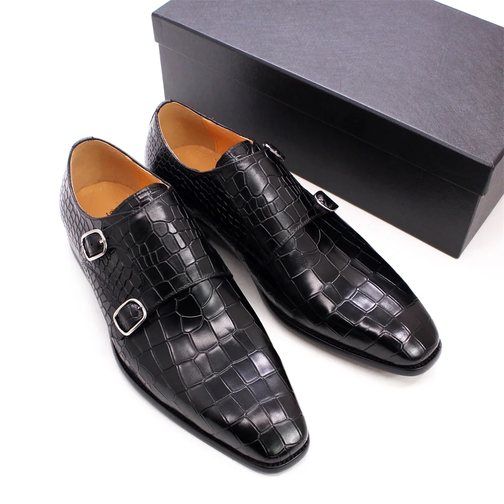 Men\'s Luxury Italian Mens Shoes Real Leather Pointed Toe Double Buckles Alligator Parrint  Formal Business Black Shoes for Male