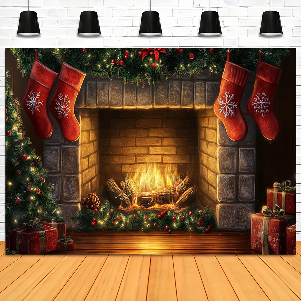 Cozy Christmas Day Scene Fireplace Photography Backdrop Props Winter Living Room New Year Gift Holiday Photo Background RS-07