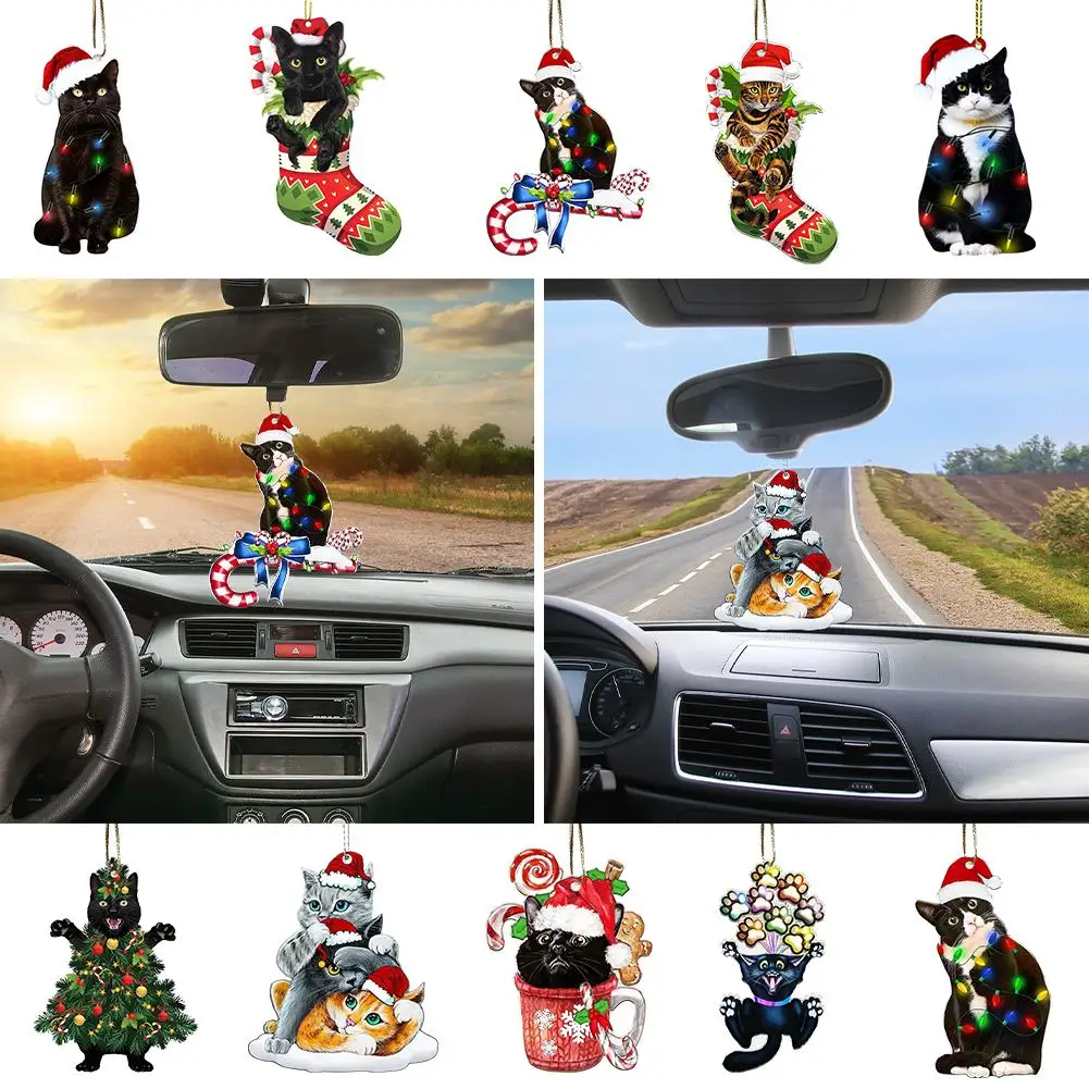 Charmante Zwarte Kat Kerstornament 2D Acryl Hangende Decor Voor Boom Auto Spiegel Sleutelhanger Kid Kerstcadeau Vakantie Feest Sup E3F9