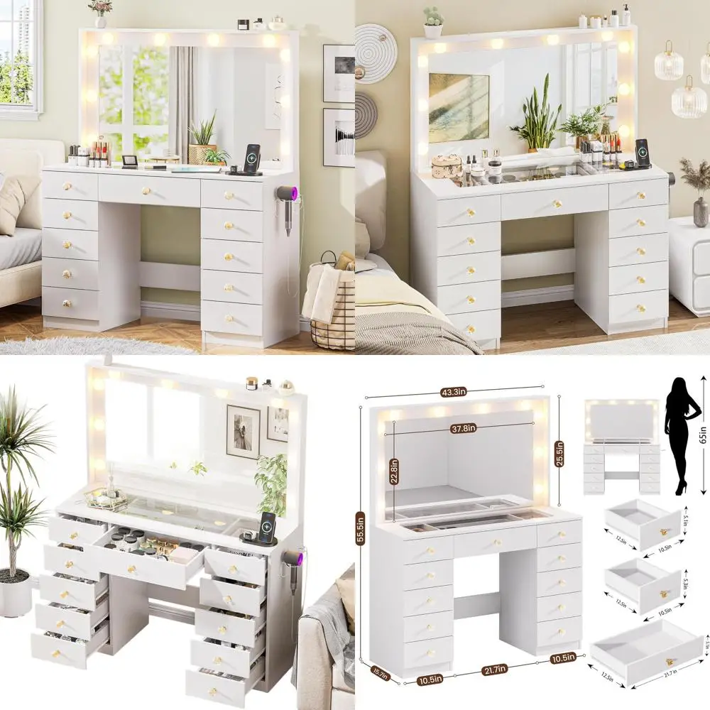 

Большой зеркальный туалетный столик с 10 светодиодными лампами, 11 ящиками с хрустальной ручкой и розеткой - белый