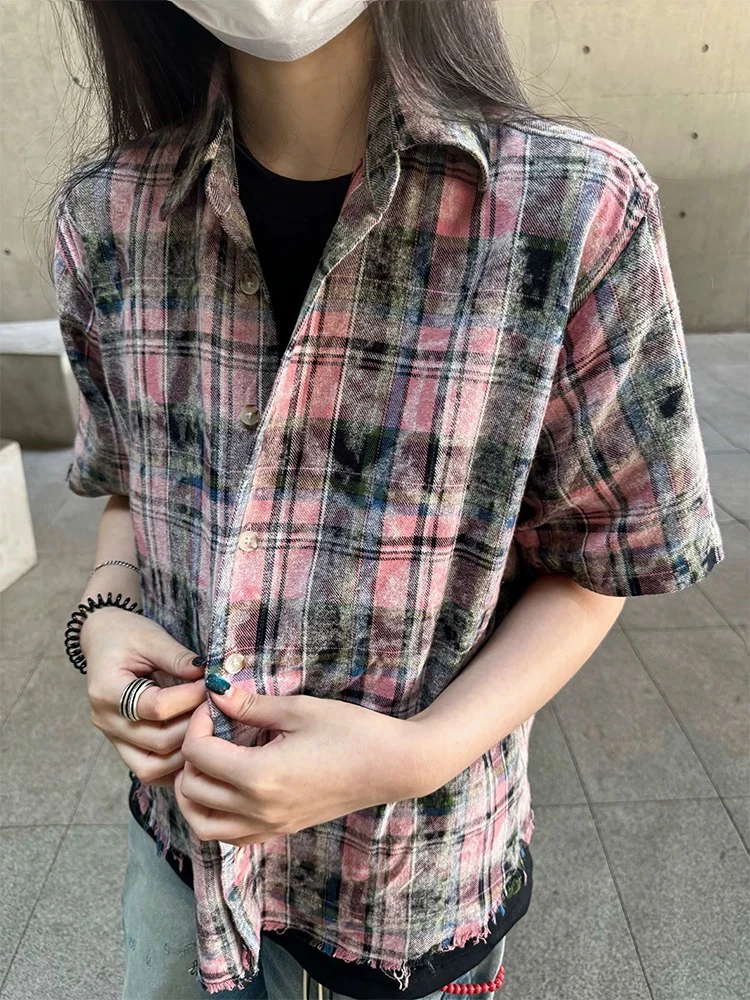 

Vintage American Retro Plaid Short Sleeve Shirt Men Summer Worn Pink Grids Men's Shirt Loose Fit Youth Trend Summer 2025