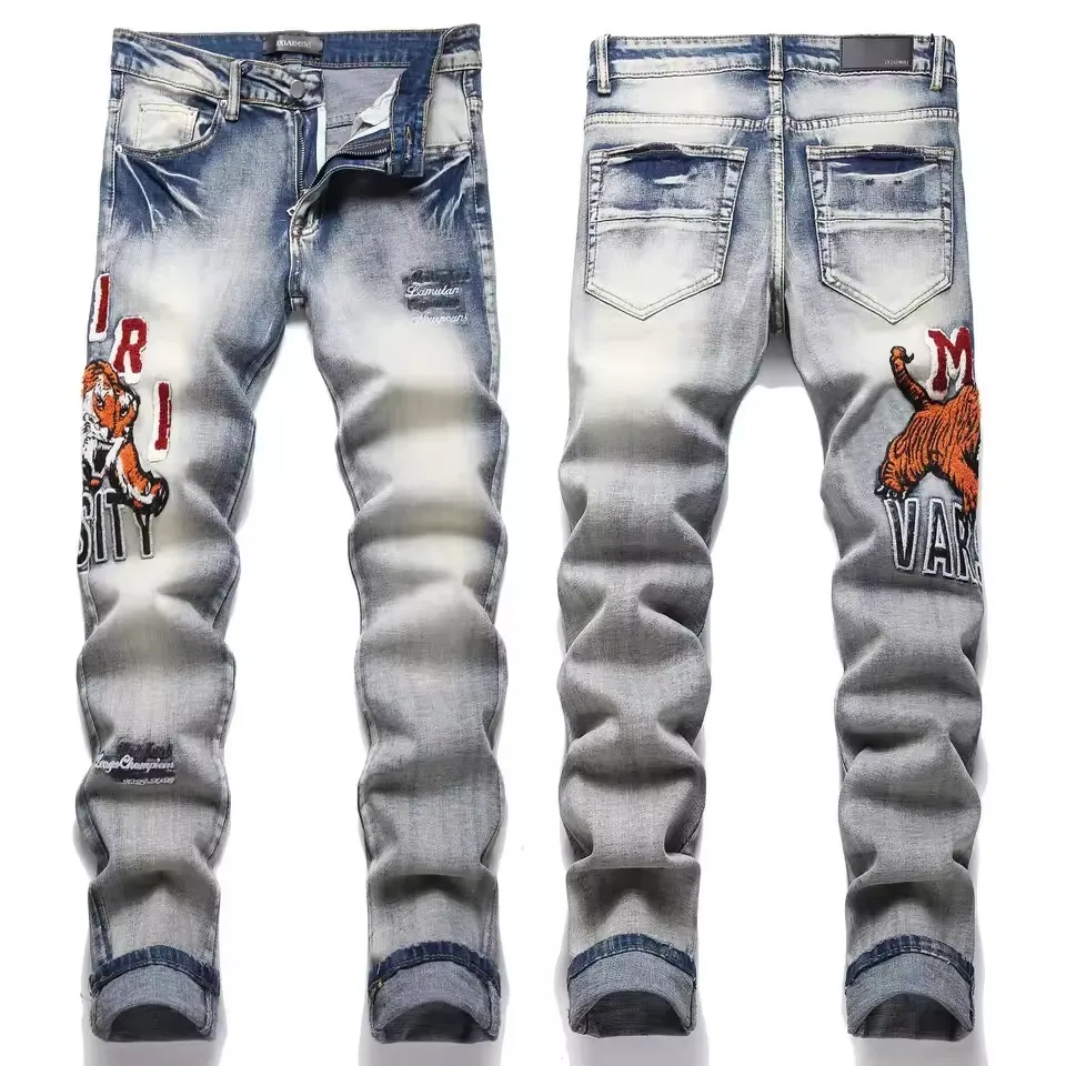 American retro blue street fashion tiger head embroidered elastic jeans suitable for young men's trendy casual style