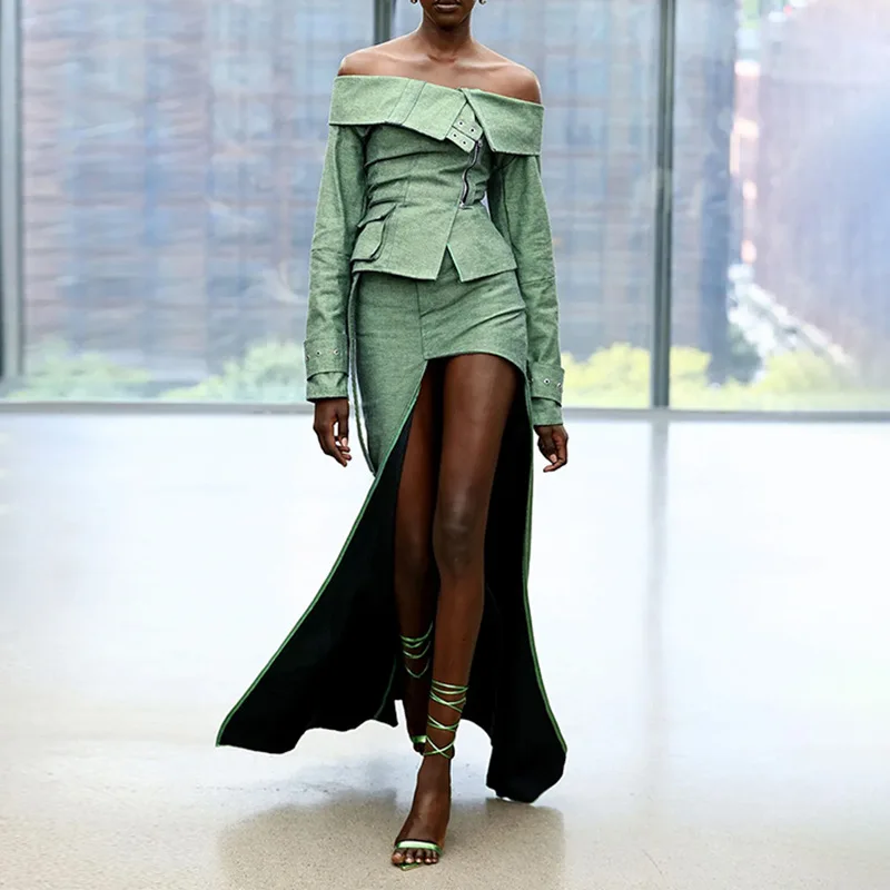 

Slimming Effect Zipper One-Shoulder High Slit Pencil-Style Summer Fashion Set Women's Long Sleeve Print Polyester Outfit