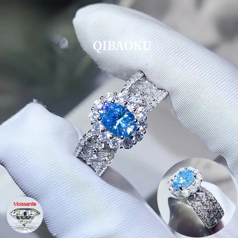 QIBAOKU 1CT Oval Cut Blue Moissanite Ring 925 Sterling Silver For Women Lab Diamond Sapphire Lace Jewelry Gifts With GRA 2026