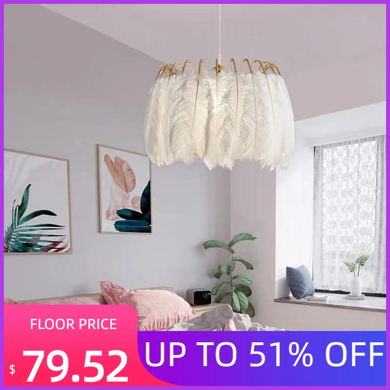 

Mordern Feather Pendant Lamp E27 Lamp Holder Fairy Hanging Lamp Goose Feather Bedroom Dining Room Loft Chandelier Ceiling Light