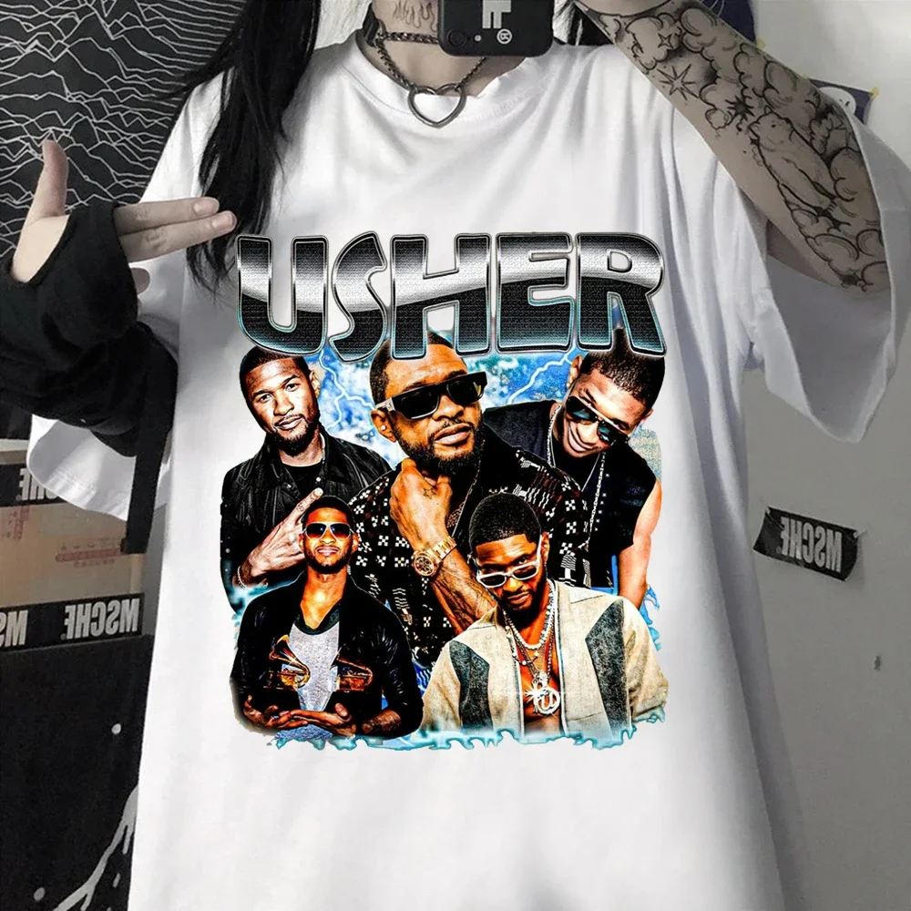 Camiseta informal con cuello redondo para hombre y mujer, camisa Unisex de estilo Hip Hop con diseño Retro de cantante Usher Music Tour