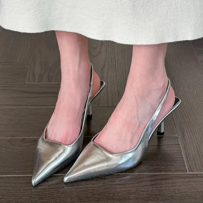 New Women's Sandals Pointed Toe Slingbacks Gold High Heels Dress Shoes Silver Pumps 2024 Summer Wedding Shoe Zapatos Mujer 1811N