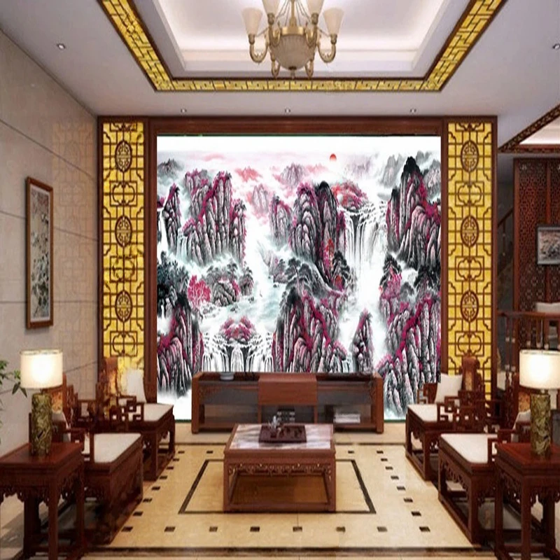 

Custom Wallpaper & Wall Mural New Chinese Style Waterfall Landscape Background Painting for Living Room Bedroom Home Decor