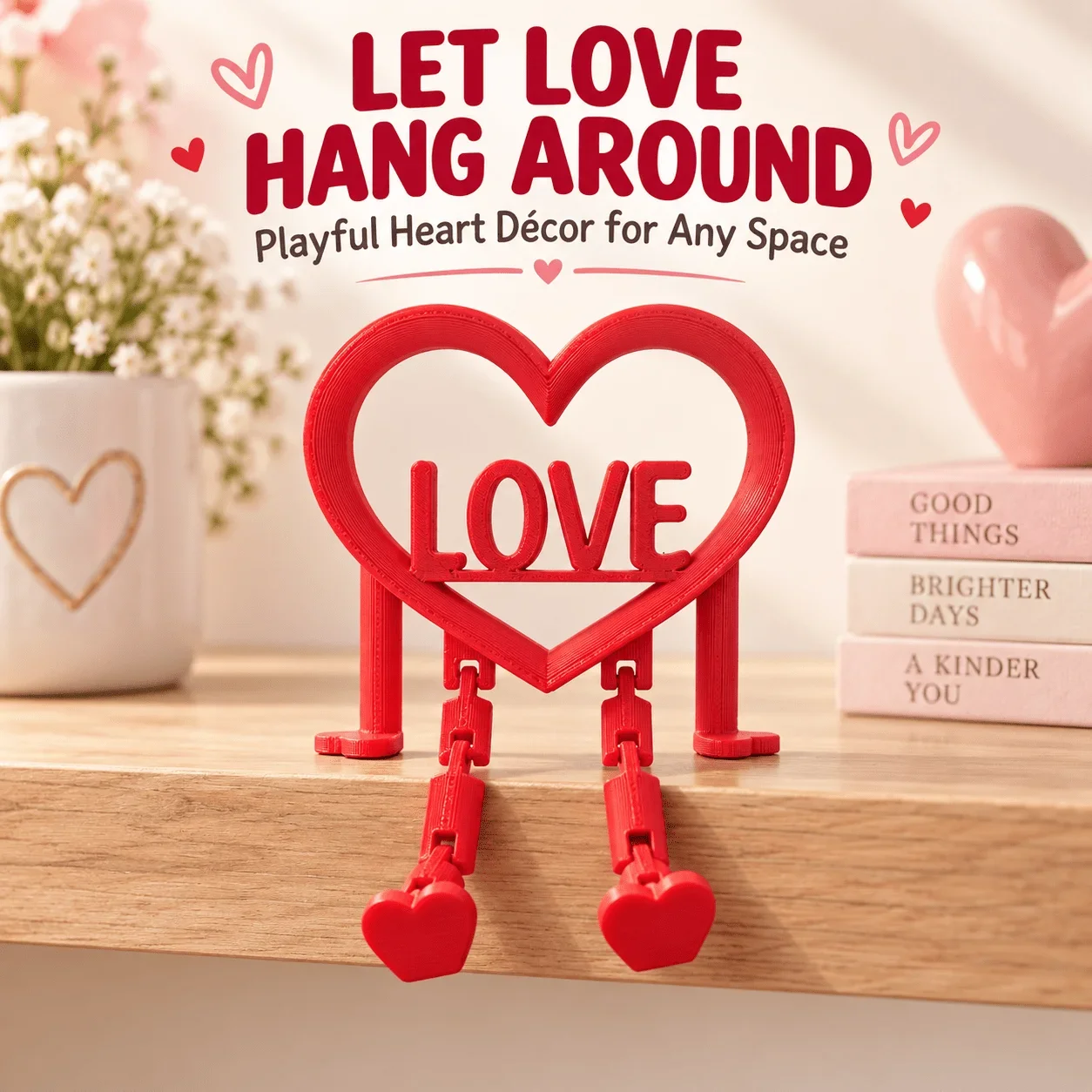 LOVE Heart Shelf Sitter with Dangling Legs, Cute Valentine's Day Desk Decor, Small Romantic Gift for Home Office