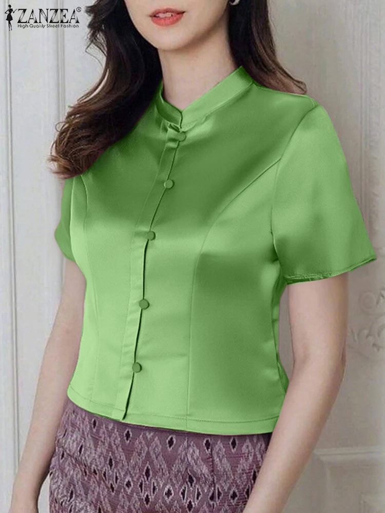 잔제 여성 새틴 실크 탑 신상 중국풍 셔츠 2025 캐주얼 OL 워크 튜닉 단색 패션 반팔 튜닉 오버사이즈