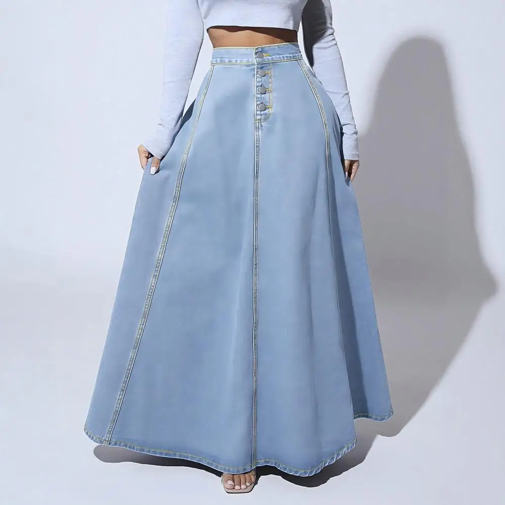 High Waist Women Denim A-line Skirt Single Breasted Button Down Fashion Casual Streetwear Female Jean Skirt