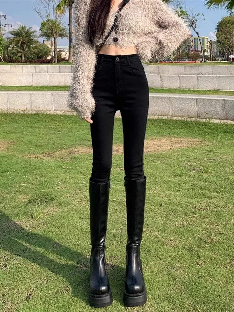 

High Waist Fleece Lined Slim Fit Bootcut Jeans Women's Small Size Black Slimming Stretchy Butt Lifting Pencil Jeans