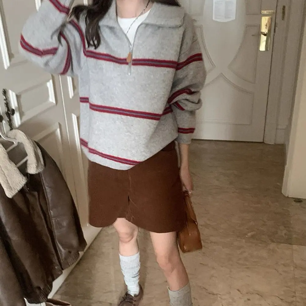 

Fashion Long Sleeve Knit Stripe Hoodie Autumn Loose Crochet Knitwear Women Top Casual Sweet Girl's Pullover Women