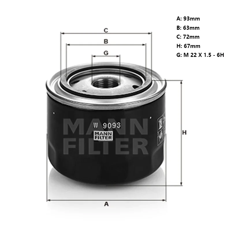 MANN FILTER W9093 Oil Filter Fits CHANGAN CX70 A800 CS55 EADO XT H15T002-1200 1012010-B02