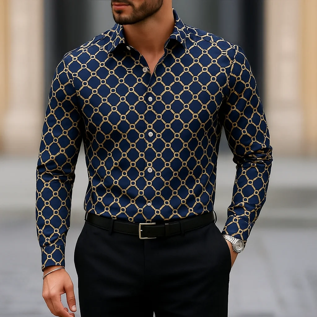 

Men's Simple Geometric Pattern Shirt Fashion Business Casual Long Sleeve Shirt Autumn Winter Outdoor Street Button Lapel Clothes