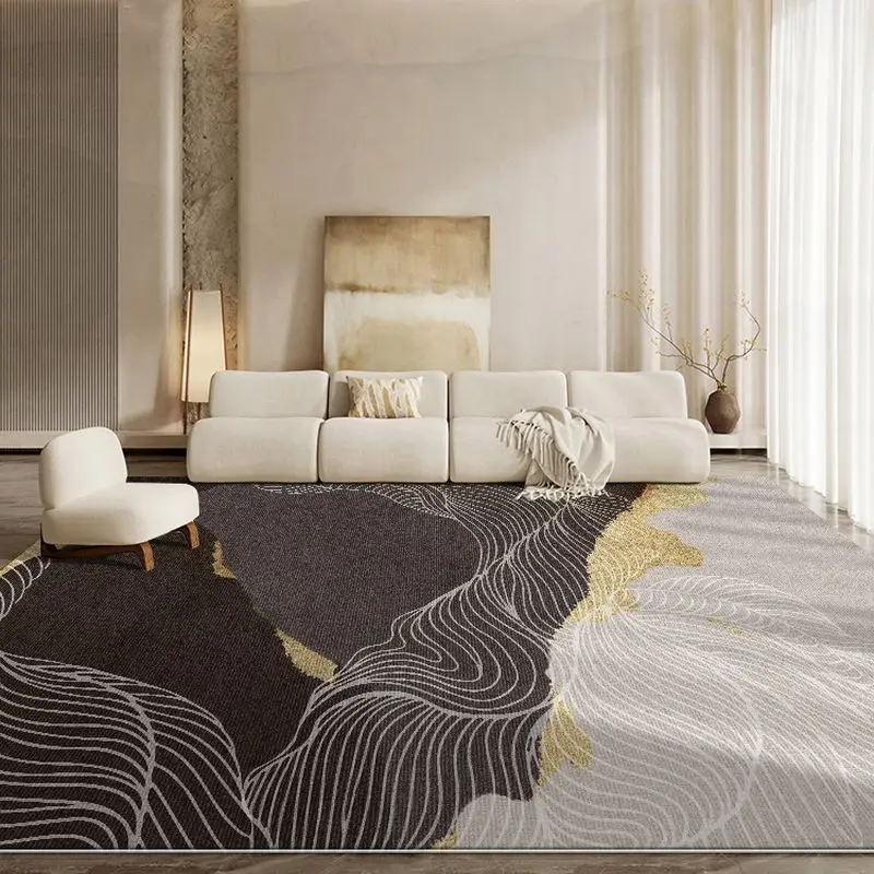 VIKAMA Modern Chinese Ink Wash Golden Ripple Curve Rectangle Rug Wabi Sabi High End Living Room Decor Carpet Home Decor