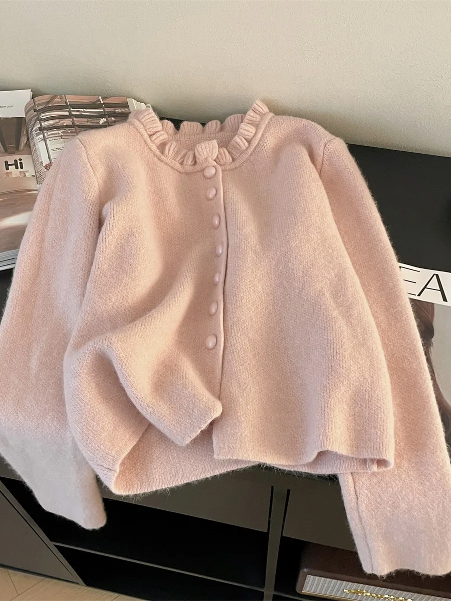 Kardigan Rajut Prancis Baru Wanita Musim Semi Gugur Gaya Lembut Desain Pinggiran Jamur Kerah Bulat Sweater Kancing Tunggal