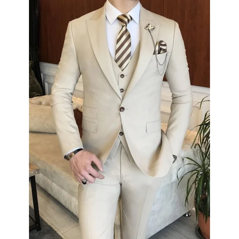 Beige Peak Lapel Slim Fit Men Suits Formal Business 3 Pieces Set Male Party Prom Groom Tuxedo Wedding Suits for Man Jacket Vest