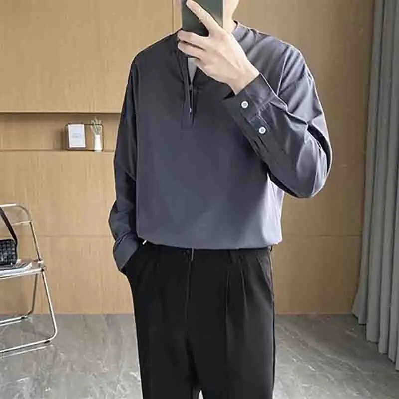 Summer Long Sleeve Men Stand Collar T Shirts All-match Fashion Business Casual Harajuku Oversized Clothes Black White Gray Green