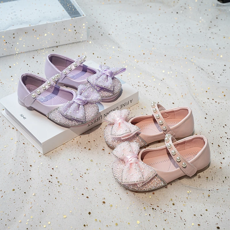 

Girls Crystal Leather Shoes with Bow-knot Fashion Children Pearls Princess Shoes Soft Bottom Kids Flats Dress Shoes Size 23-34