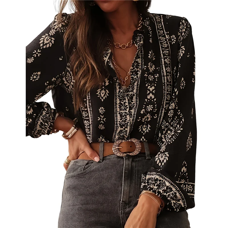 

ABRT-Women's Casual V-Neck Floral Print Chiffon Shirt Long Sleeve Bohemian Spring And Autumn Tops