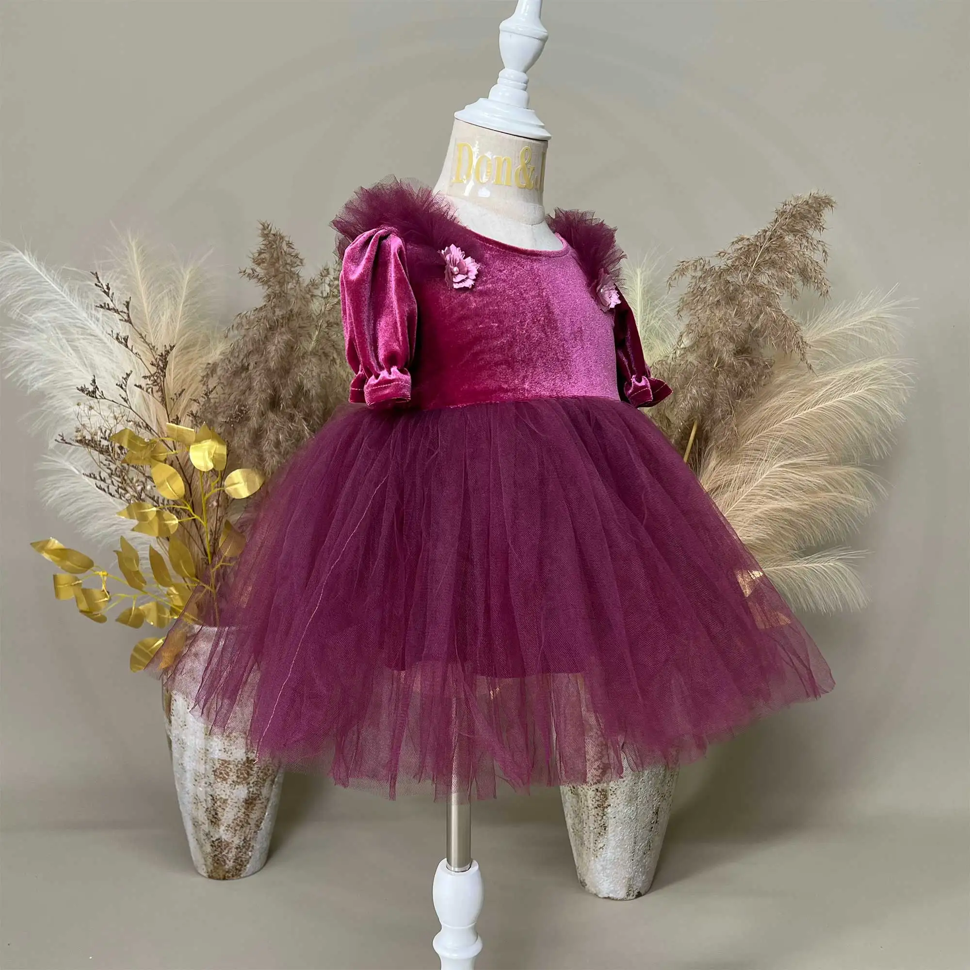 Round Neck Velvet Dress with Puff Sleeves Paired Organza Puff Skirt Girl Costume Children's Wear Birthday Fall Spring Clothing