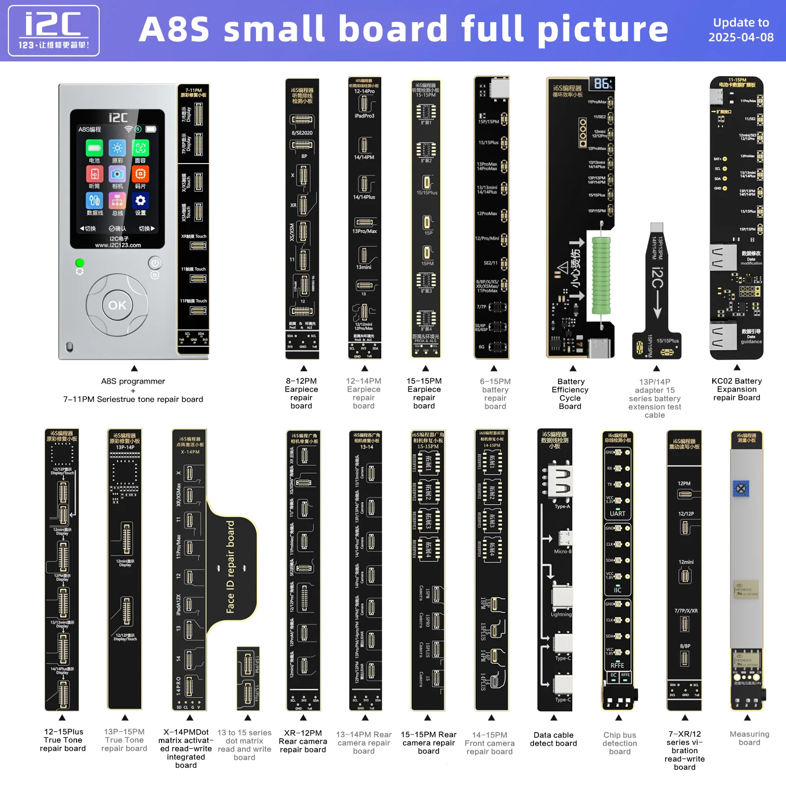 

I2C A8S Программатор для ремонта телефона для iPhone 8-15PM True Tone Батарея Камера Face ID Ремонт Оригинальный инструмент для ремонта цвета