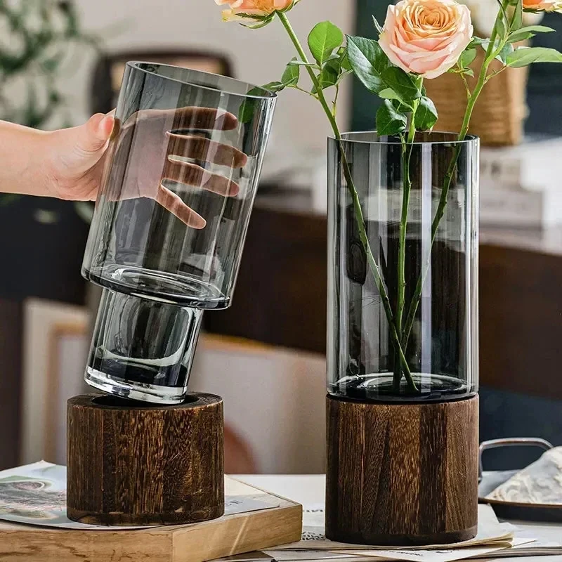 Vasen Einfache europäische Hydrokulturpflanze Haushalt Wohnzimmer Tisch eingefügte Blume Holzsockel transparente Glasvase Home Decor