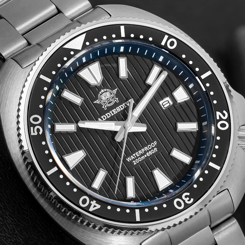 ADDIESDIVE Men Quartz Diver Watch 200M Waterproof Sapphire Glass Ceramic Bezel BGW9 Luminous Dial Stainless Steel Band AD2507