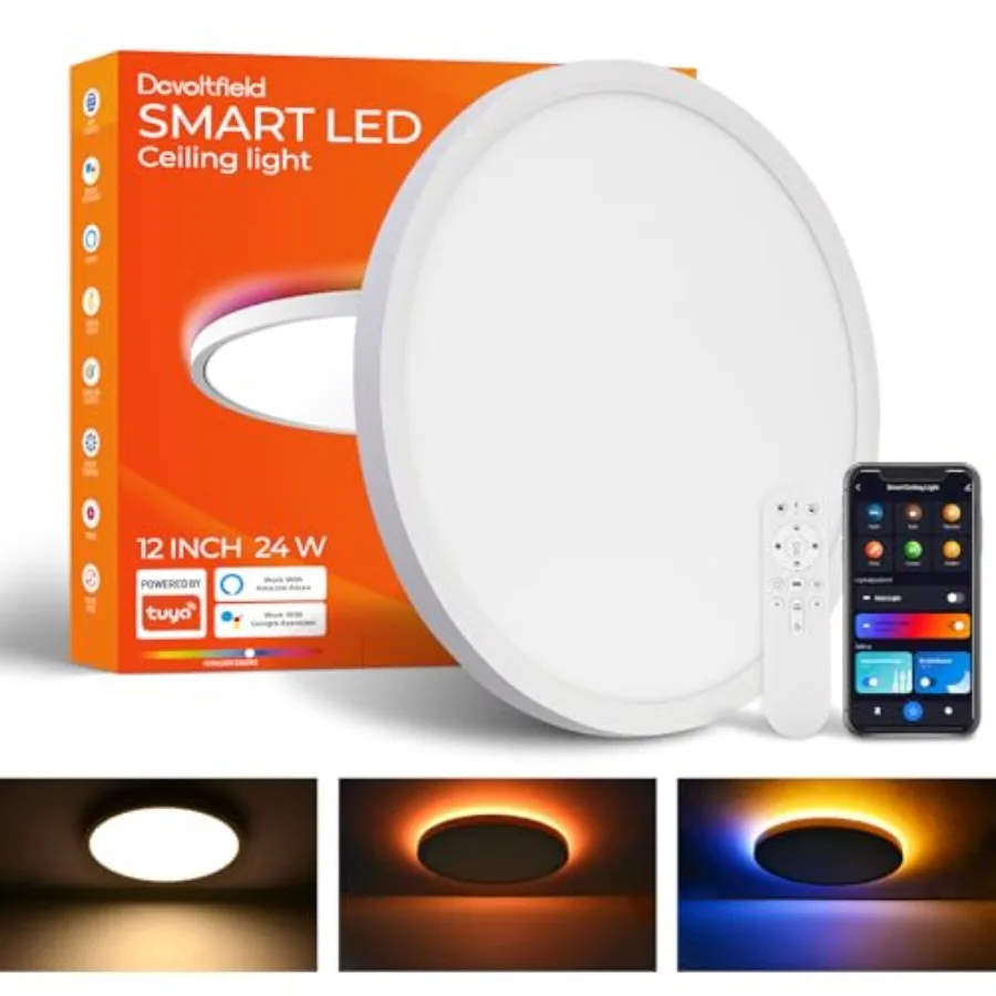 

2 Pack Smart RGB Ceiling Light with Remote, 24W 2640LM, 12 Inch LED Flush Mount Ceiling Light Works with Alexa Google Home, Dim