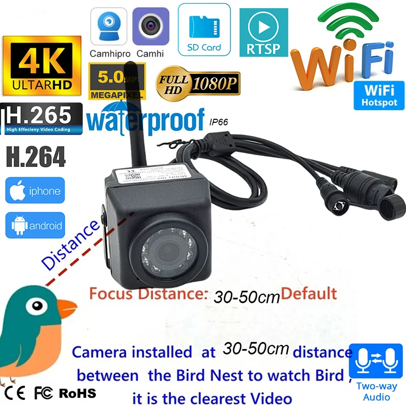 

Garden Bird Watch Waterproof IP66 Nest Box IMX307 IMX335 IMX415 8MP 5MP Mini Wifi IP Camera Nest Box Two Way Audio 940nm IR RTSP
