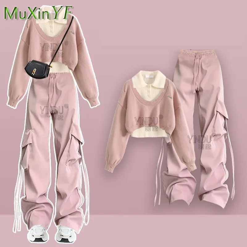 2024 Women Autumn/Winter New Fashion Sportswear Matching Set Korean Elegant Knitted Sweater+Vest+Casual Cargo Pants 3-Piece Suit