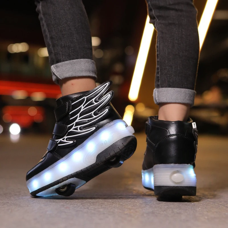 Unisex Light Up Skate Rollers Shoes For Kids Parkour Deform Sneakers Adjustable Wheel Heel Skates Casual Shoe Sneakers