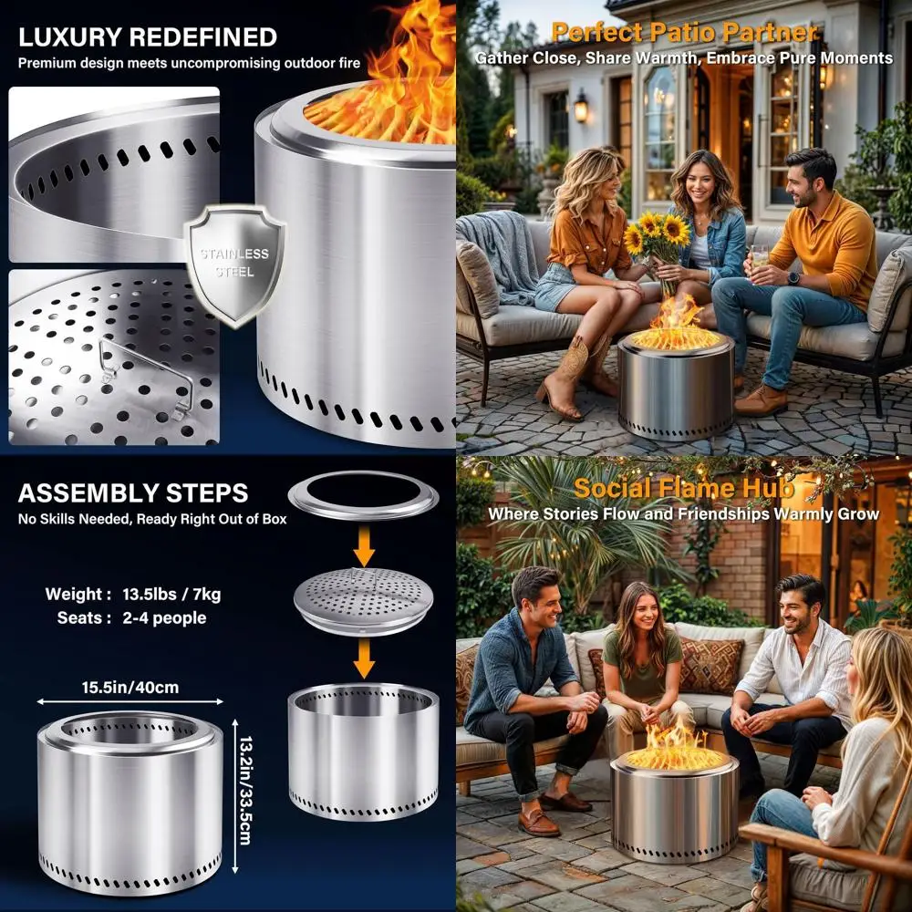 

15 Outdoor Wood Burning Fire Pit with Secondary Combustion Chamber, Perfect for Backyard Patio, Garden, BBQ, and Bonfire