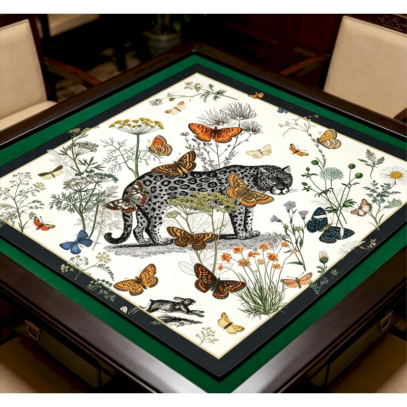 VIKAMA Leopard Pattern Butterfly Mahjong Table Mat Silent Anti Slip Carpet Retro Animal Printed Table Carpet Home Decoration