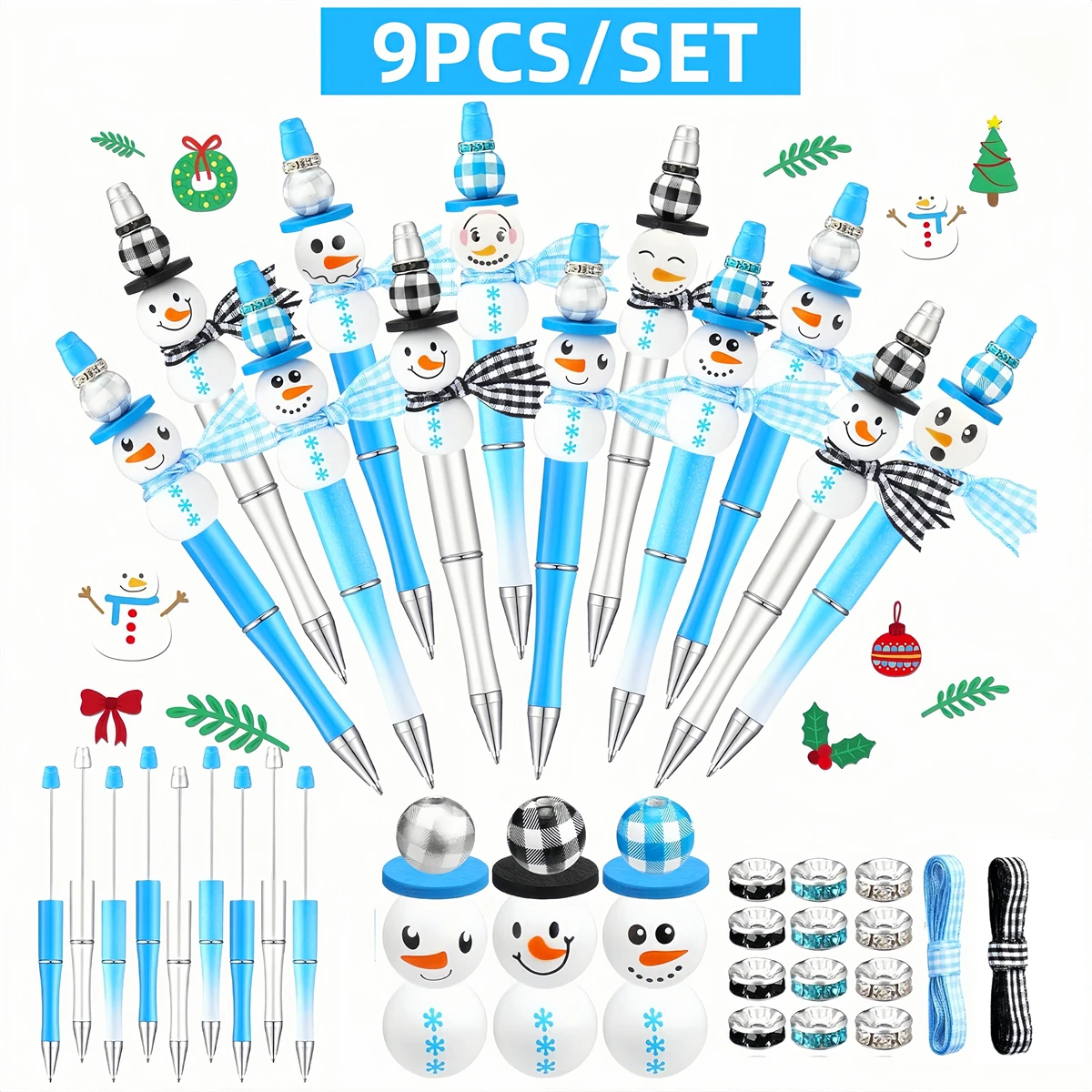 

【 Blue Christmas Snowman 】 9PCS New Creative Blue Colorful Christmas Snowman Theme DIY Beaded Ballpoint Pen and Wood Bead Set