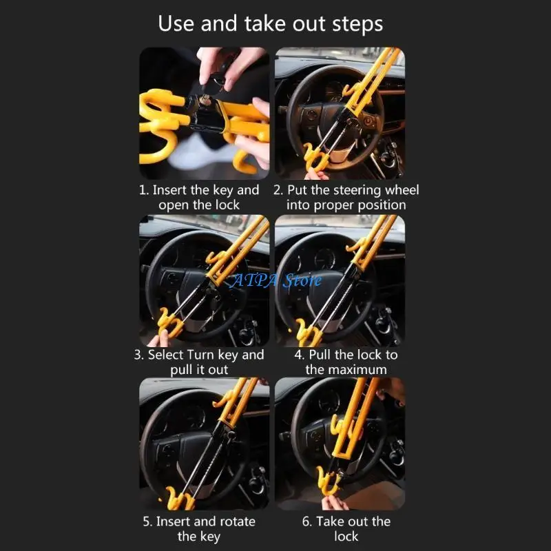 

U13C Car Steering Wheel Lock Clamp Vehicle Anti-Theft Lock Heavy Duty Secure Device Retractable Copper Clamp Yellow/Red