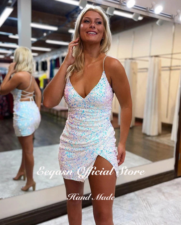 Customized Pink Homecoming Dresses Crossed Back With Sequins White Royal Blue Party Gowns Split Sparkly Hoco Dress