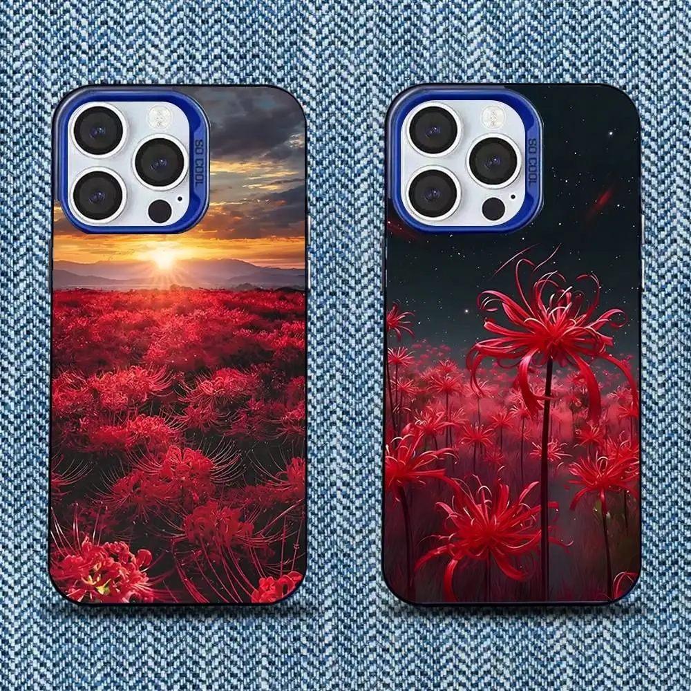 

Red Spider Lily Flowers Phone Case For iPhone 16,15,14,13,12,11,Mini,Pro,SE,MAX Blue Matte Silicone Cover