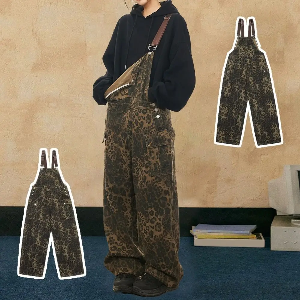 

Female Clothing Baggy Leopard Print Overalls Straight Leg Wide Leg Rompers Women Y2k Retro Ins Style Leopard Print Pants Party