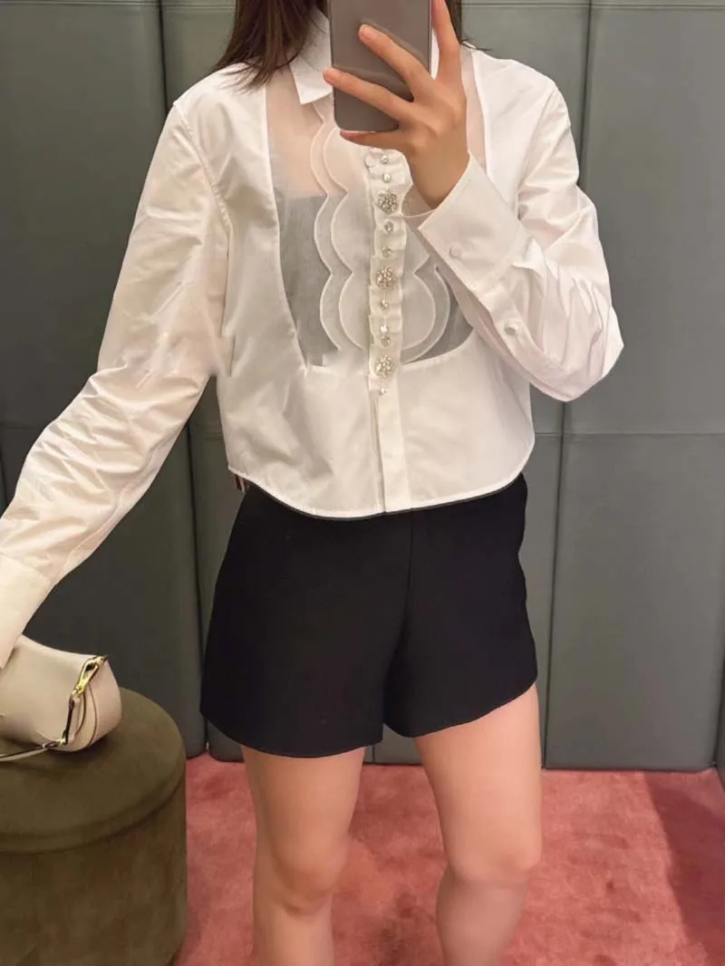 

Commuting style women's shirt, fashionable, exquisite, casual and capable, organza lace lapel shirt with temperament