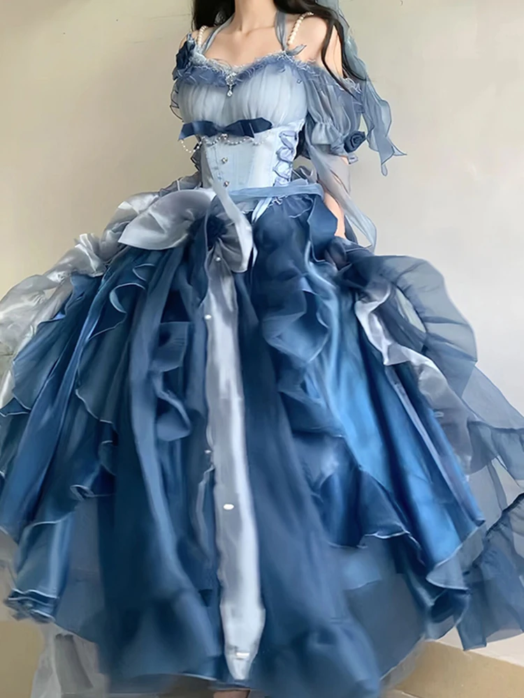 فستان لوليتا جديد لعام 2025 فستان بحمالات أزرق خرافي أنيق تخفيضات كبيرة #4