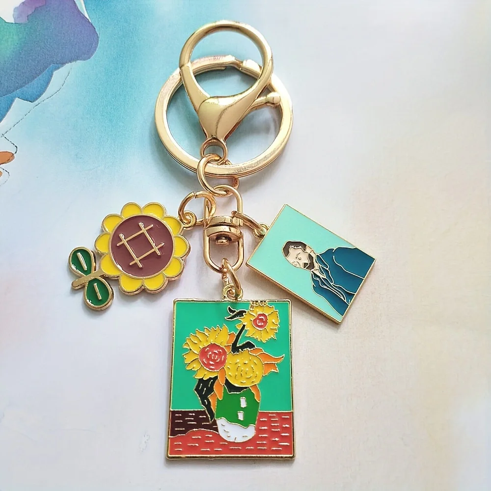 Von Gogh inspirierte Kunst-Schlüsselanhänger-Charms, Sonnenblumen- und Porträt-Emaille-Schlüsselanhänger, verschiedene Malerei-Designs, ideales Geschenk für Kunstliebhaber – Detail 2