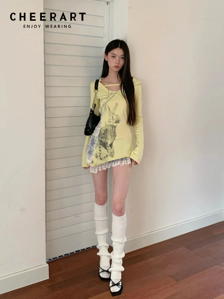 CHEERART Rivet Rabbit Print Yellow T Shirt Women Lace Patchwork V Neck Long Sleeve Top Designer Tees Spring 2025 Fashion Clothes