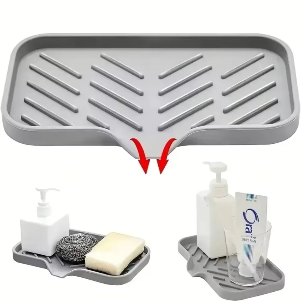 Sink Silicone Tray with Drain Soap Sponge Storage Holder Countertop Sink Scrubber Brush Rack Standing for Kitchen Bathroom