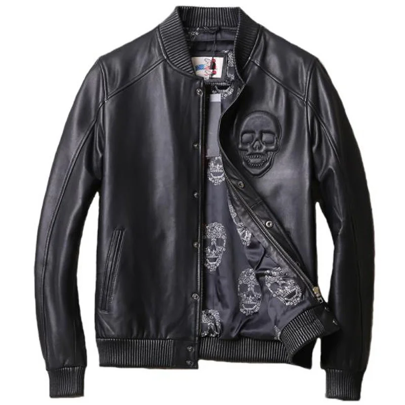 

Mens 4XL Real Oversized Leather Jacket American Style Plus Size XXXXL Skull Pattern Man's Sheepskin Leather Jackets Spring A785