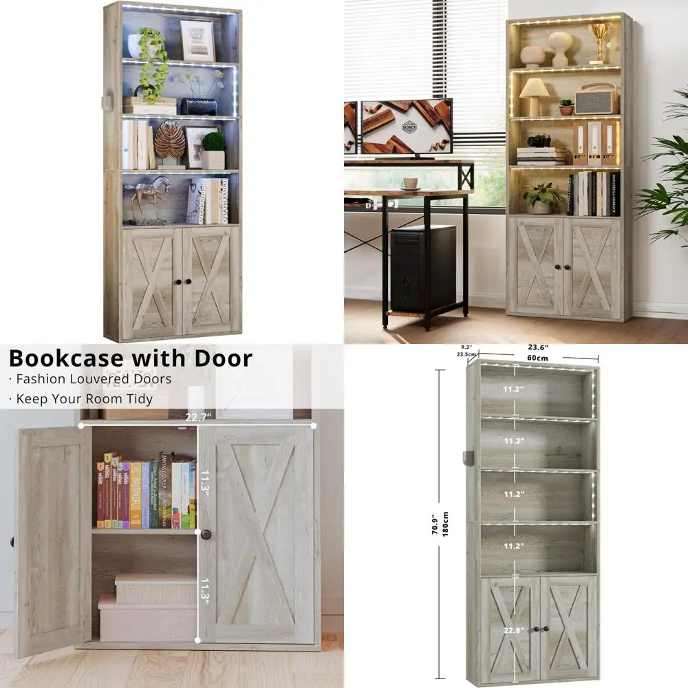 خزانة كتب بطول 70 بوصة على الطراز الصناعي مع أضواء LED، وأرفف عرض تخزين مكونة من 6 أرفف مع أبواب، ورف كتب من الأرض إلى السقف f #1