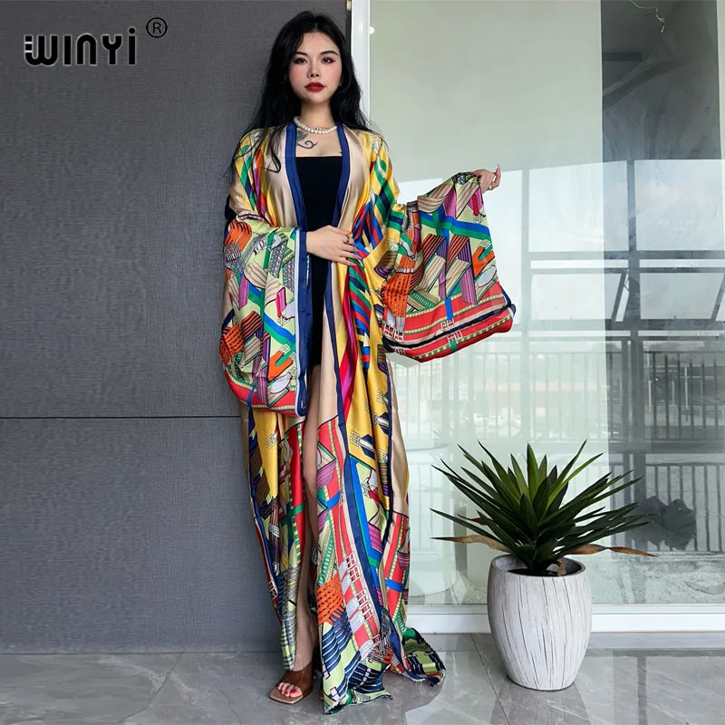 WINYI new 2023 summer fashion print Women coat Loose Long Dress elegant Party Boho maxi beach Holiday Swimming Cover Up Kimonos